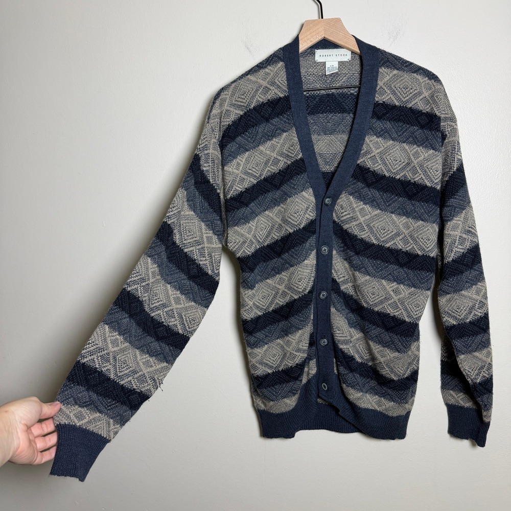 Robert Stock Mens Cardigan L Blue Geometric Argyle Striped Button Up Grandpacore